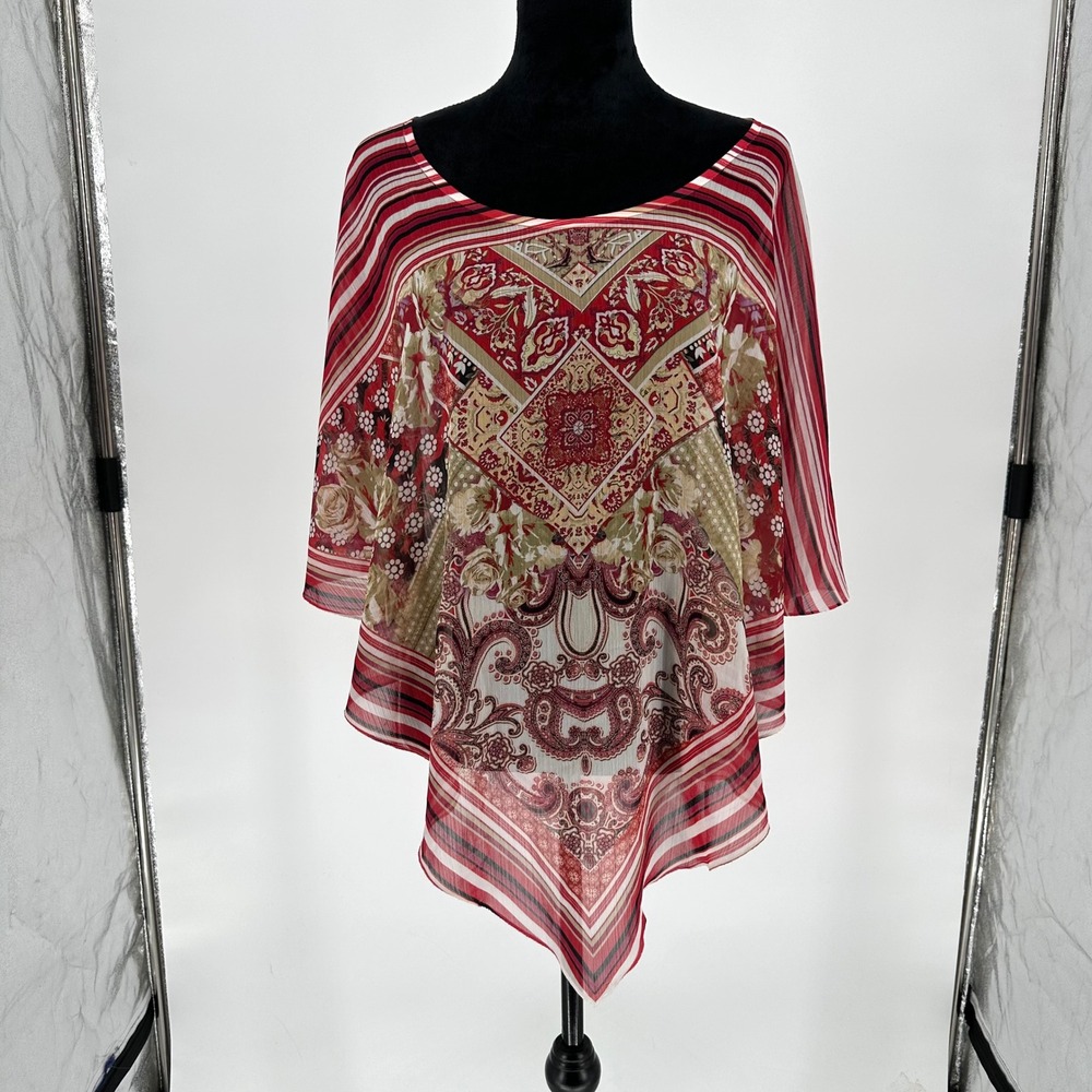 Energe Boho Sheer Handkerchief Striped Floral Geometric Asymmetrical Poncho 3X